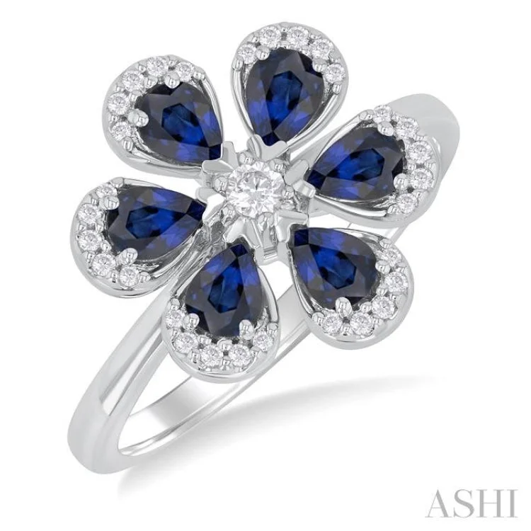 Unique Men's Wedding Ring-4X3 MM Pear Cut Floral Blossom Sapphire and 1/6 ctw Round Cut Diamond Precious Fashion Ring in 14K White Gold