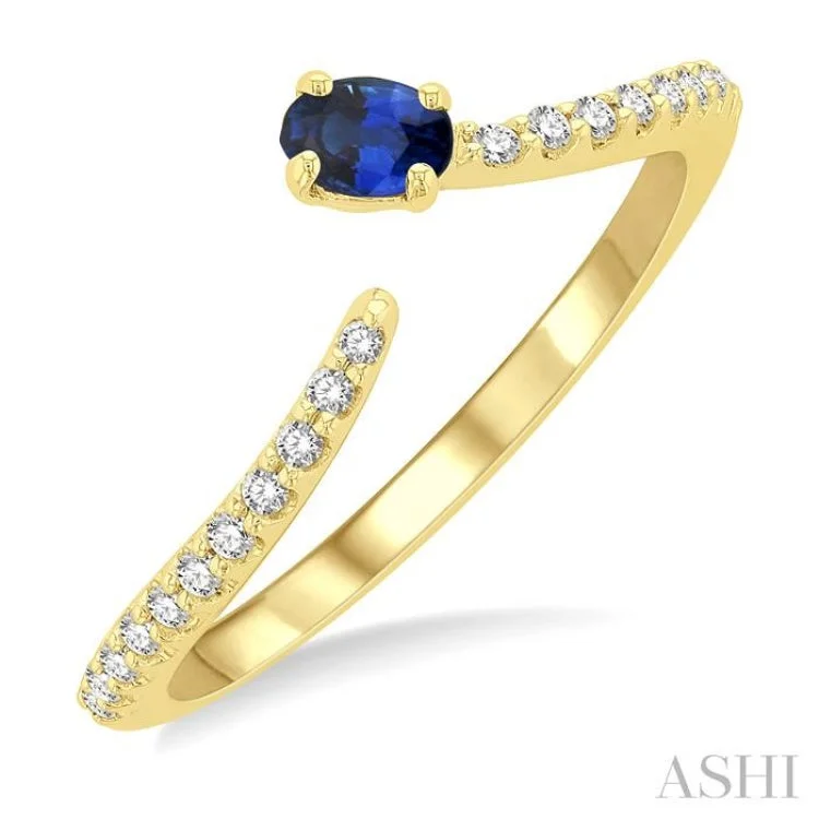 Modern Wedding Band Set for Women-4X3 MM Oval Cut Sapphire and 1/10 ctw Petite Round Cut Diamond Precious Fashion Ring in 10K Yellow Gold