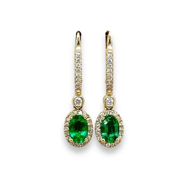 Bridal Earrings with Pearls-14K Y Gold 0.89ctw Emerald and 0.26 Diamond Drop Earrings