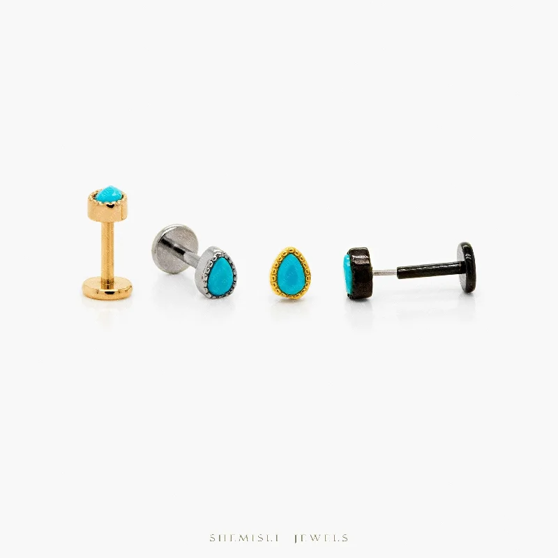 Boho Hoop Earrings-Tiny Teardrop Turquoise Threadless Flat Back Earrings, 20,18,16ga, 5-10mm Unisex, Surgical Steel SHEMISLI SS596