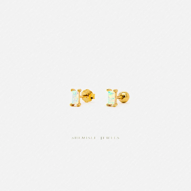 Heart Shaped Earrings-Tiny Opal Baguette Stud Earrings, Unisex, Gold, Silver SHEMISLI SS008 Butterfly End, SS459 Screw Ball End (Type A)