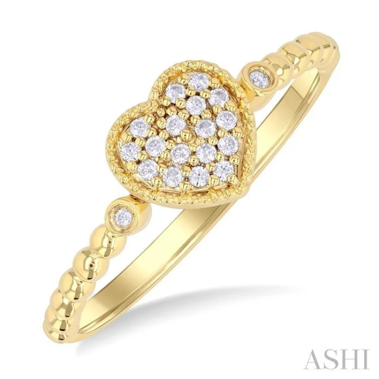 Custom Diamond Wedding Band-1/8 ctw Petite Bead Shank Heart Motif Round Cut Diamond Fashion Ring in 10K Yellow Gold