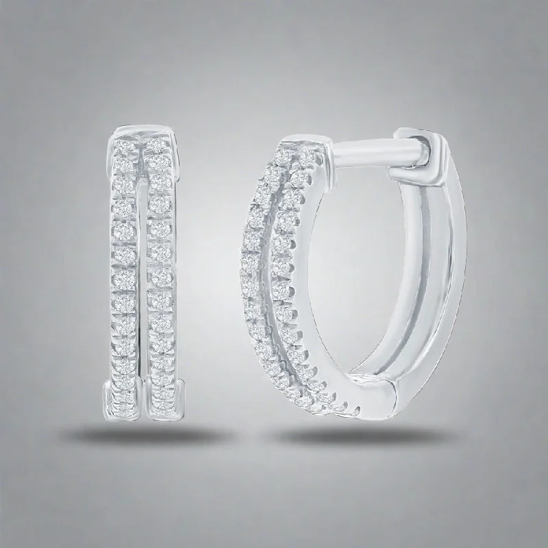 Unique Earrings for Bridesmaids-SS 13mm Double Row 0.12ctw I/SI2 Diamond Huggie Earrings