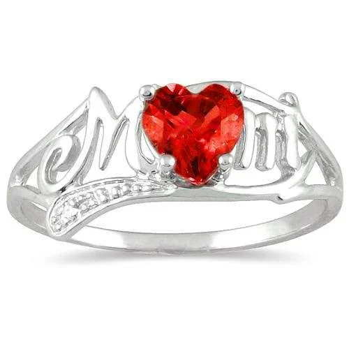 Trendy Gold Wedding Ring-.50 Ct Garnet Heart & Diamond Mom Ring .925 Sterling Silver Rhodium Finish