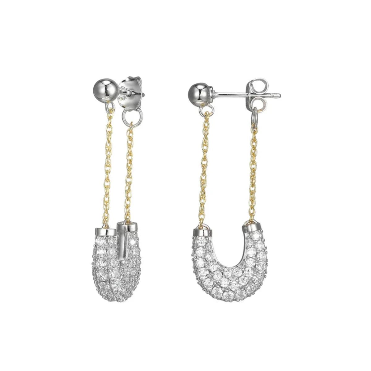 Fashion Earrings for Women-SS Two-Tone CZ Safety Pin Style Earrings