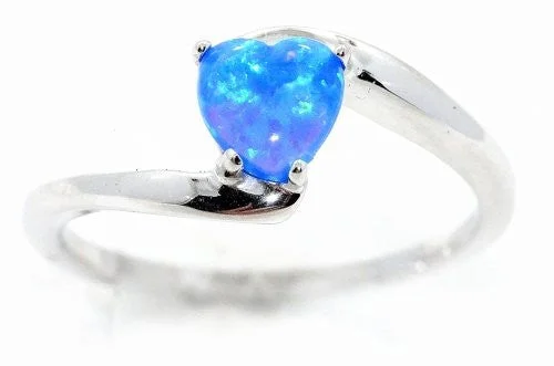 Luxury Diamond Ring-6mm Blue Opal Heart Ring .925 Sterling Silver Rhodium Finish