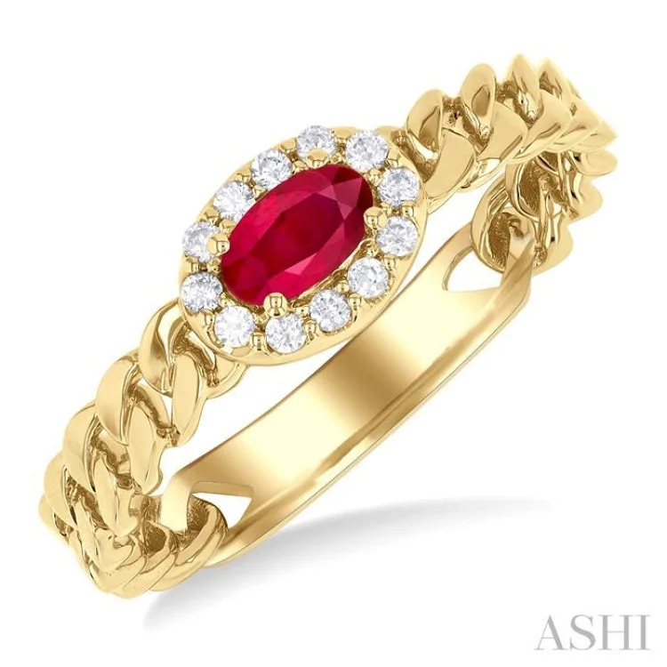 Men's Gold Wedding Ring-5x3 MM Oval Cut Ruby and 1/10 ctw Curb & Cuban Link East-West Round Cut Diamond Halo Precious Ring in 10K Yellow Gold