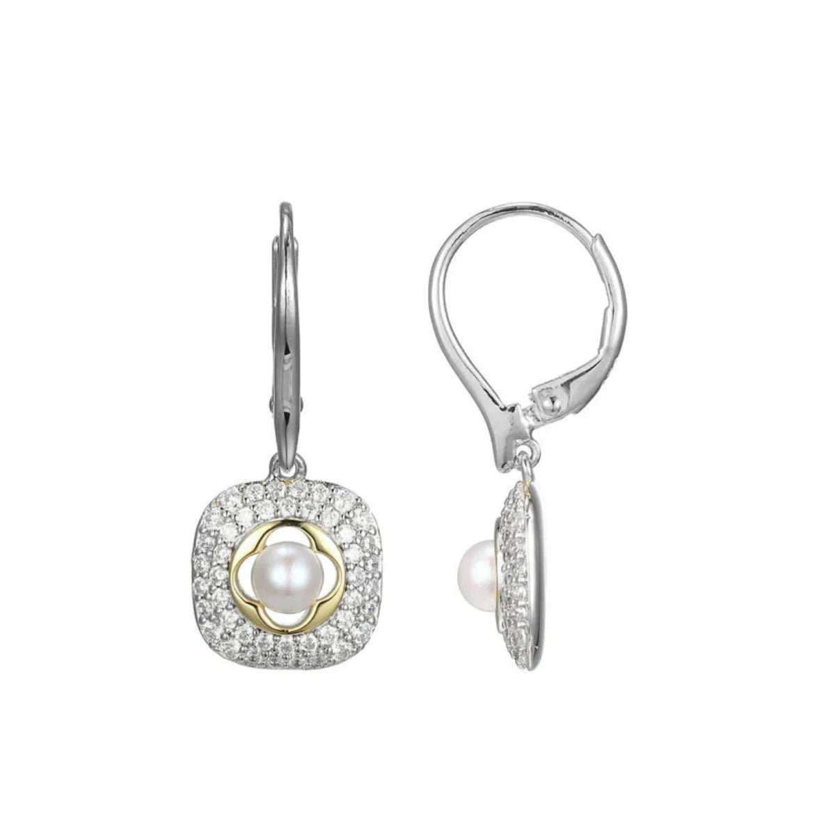 Butterfly Design Earrings-SS Two-Tone CZ and Pearl Square Drop Earrings