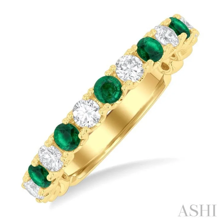 Elegant Wedding Ring-2.6 MM Emerald and 3/8 ctw Round Cut Diamond Precious Wedding Band in 14K Yellow Gold