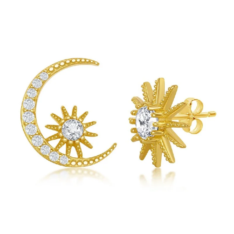 Trendy Drop Earrings-YGP Sterling CZ Sun and Moon Stud Earrings