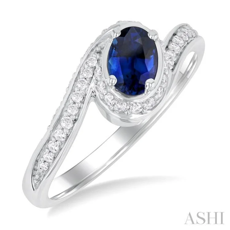 Luxury Engagement Ring Set-6X4 MM Sapphire Oval Cut and 1/4 ctw Bypass Round Cut Diamond Precious Ring in 10K White Gold