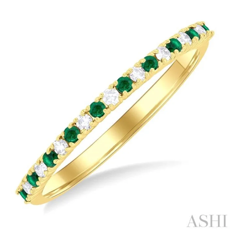 Simple Silver Ring-1.35 MM Round Shape Emerald and 1/10 ctw Petite Round Cut Diamond Precious Stack Band in 10K Yellow Gold