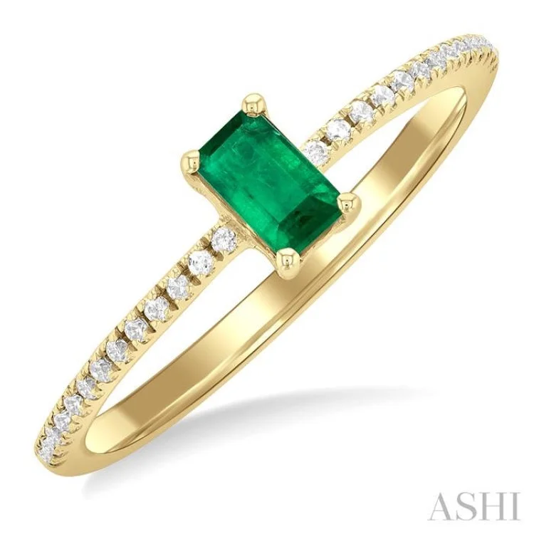 Custom Wedding Band-5x3 MM Emerald Shape Emerald and 1/10 ctw Petite Round Cut Diamond Precious Fashion Ring in 10K Yellow Gold