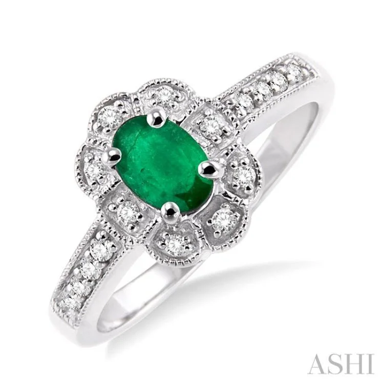 Stunning Wedding Ring Set for Women-6x4 MM Oval Cut Emerald and 1/6 ctw Single Cut Diamond Ring in 10K White Gold