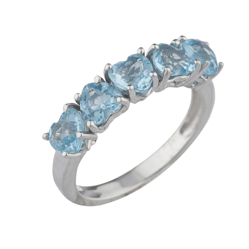 Dainty Engagement Ring-5 Hearts Aquamarine Heart Ring .925 Sterling Silver Rhodium Finish