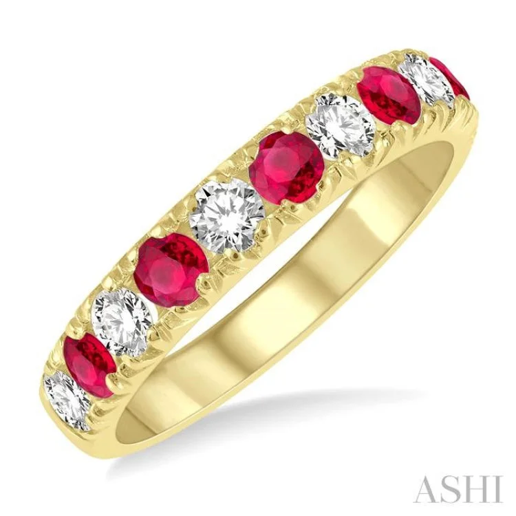 Vintage Wedding Band-2.9 MM Ruby and 1/2 ctw Round Cut Diamond Precious Wedding Band in 14K Yellow Gold