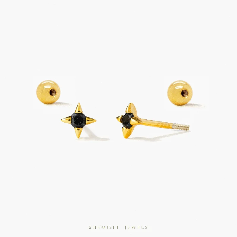 Gold Hoop Earrings-Tiny 4 Pointed Star With Black Gem Stud Earrings With Screw Ball End, Unisex, Gold, Silver SHEMISLI SS954