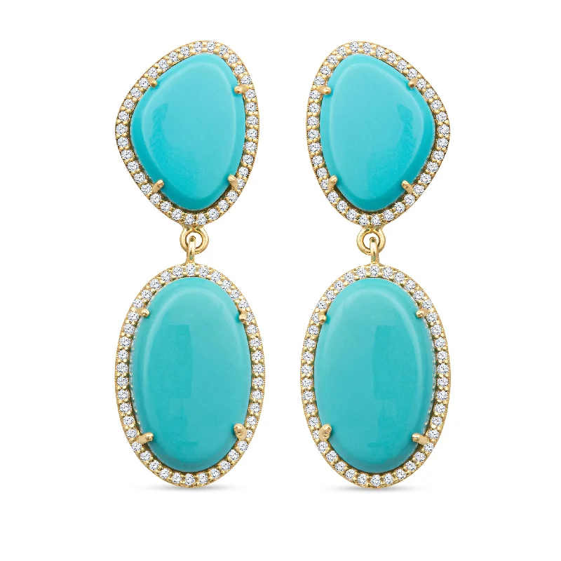 Luxury Diamond Earrings-Tina 14k Gold Turquoise Statement Earrings with White Diamonds