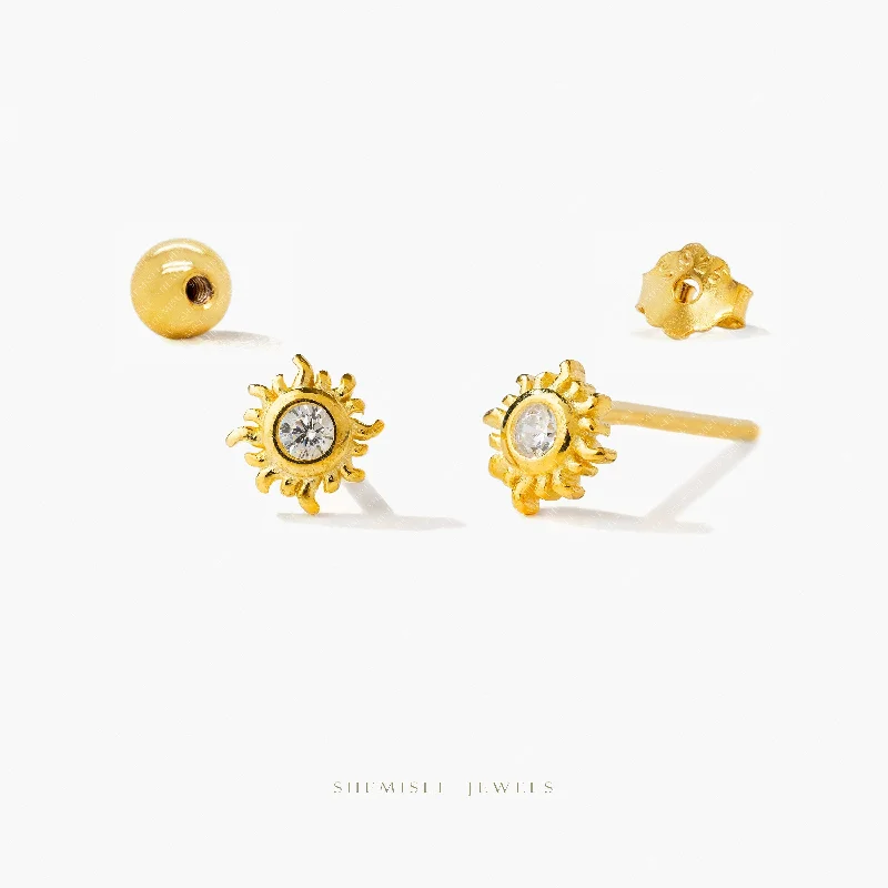 Custom Hoop Earrings-Tiny Sun With Bezel Setting Gem Stud Earrings, Unisex, Gold, Silver SHEMISLI SS962 Butterfly End, SS963 Screw Ball End (Type A)