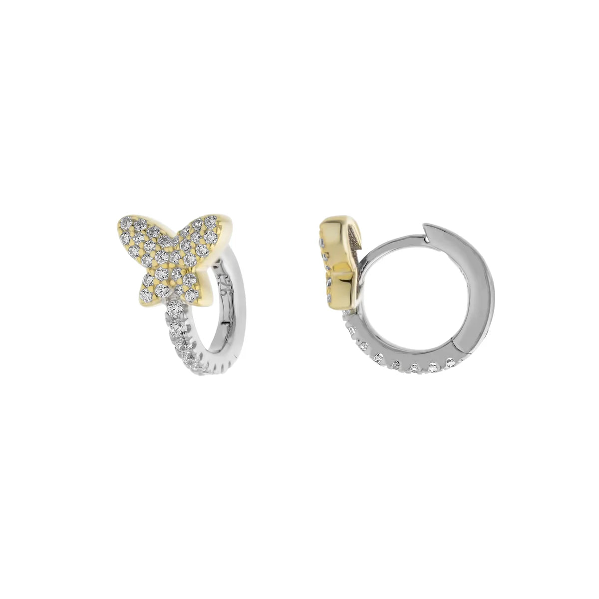 Statement Earrings for Weddings-SS Two-Tone CZ Butterfly Huggie Earrings