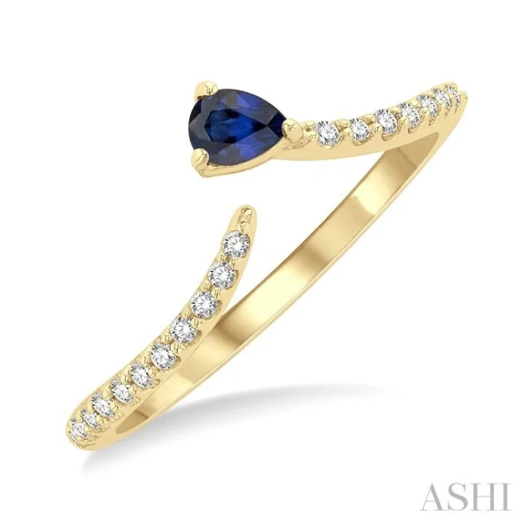 Customizable Birthstone Ring-4X3 MM Pear Cut Sapphire and 1/10 ctw Petite Round Cut Diamond Precious Fashion Ring in 10K Yellow Gold