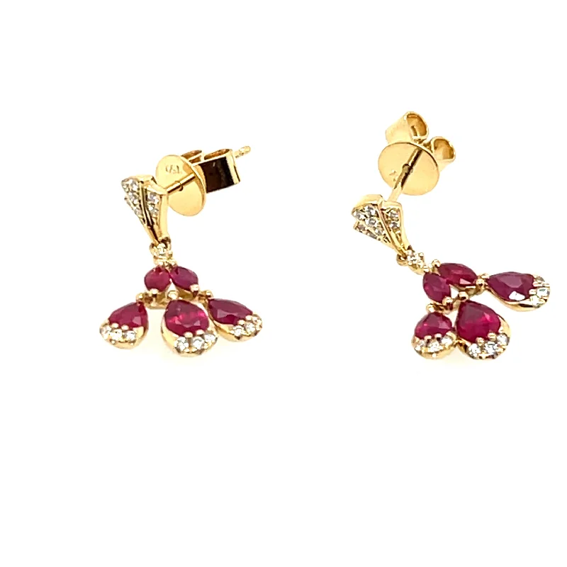 Trendy Dangle Earrings-18K Yellow Gold Ruby and Diamond Earrings