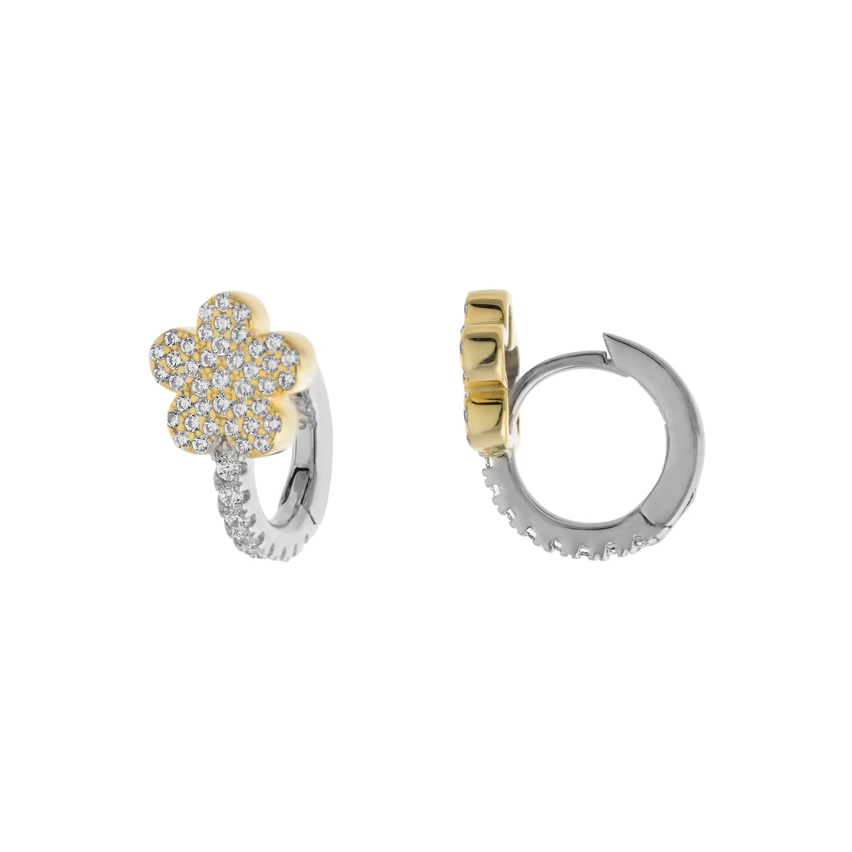 Elegant Earrings for Special Occasions-SS Two-Tone CZ Flower Huggie Earrings