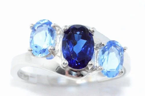 Luxury Gold Ring-2 Ct Created Blue Sapphire & Blue Topaz Oval Ring .925 Sterling Silver Rhodium Finish