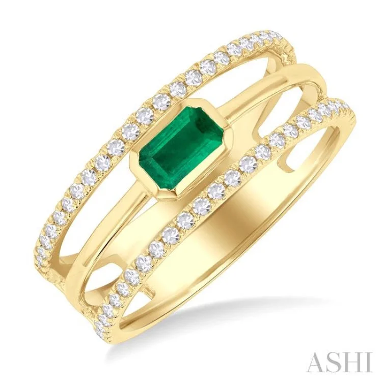 Designer Diamond Wedding Ring-5x3 MM East- West Emerald and 1/4 ctw Single Cut Diamond Triple Split Precious Ring in 10K Yellow Gold