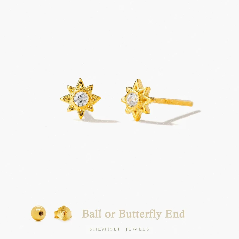 Dazzling Gold Earrings-Tiny 8 Pointed Star with Bezel Setting Gem Stud Earrings, Unisex, Gold, Silver SHEMISLI SS960 Butterfly End, SS961 Screw Ball End (Type A)