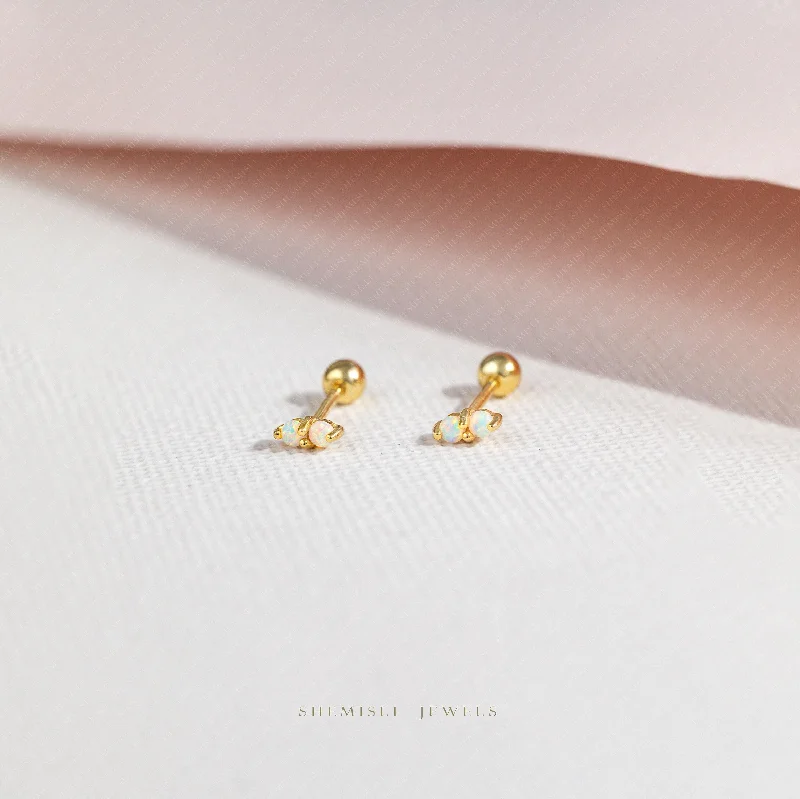 Gorgeous Diamond Earrings-Tiny 2 Opal Stones Stud Earrings With Screw Ball End, Unisex, Gold, Silver SHEMISLI SS737