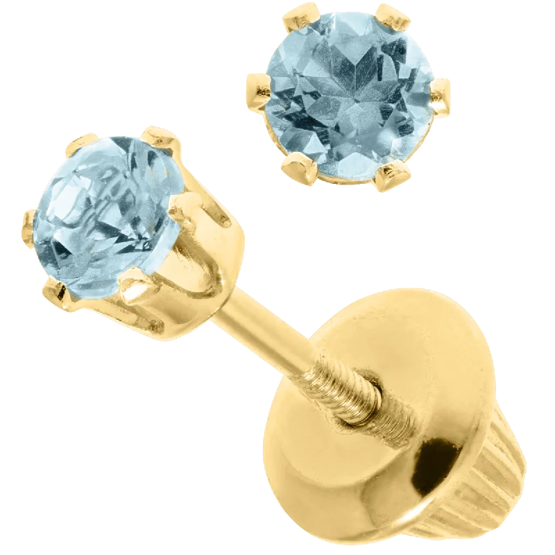 Unique Diamond Earrings-14K Y Gold 3mm Aqua Baby Stud Earrings-March