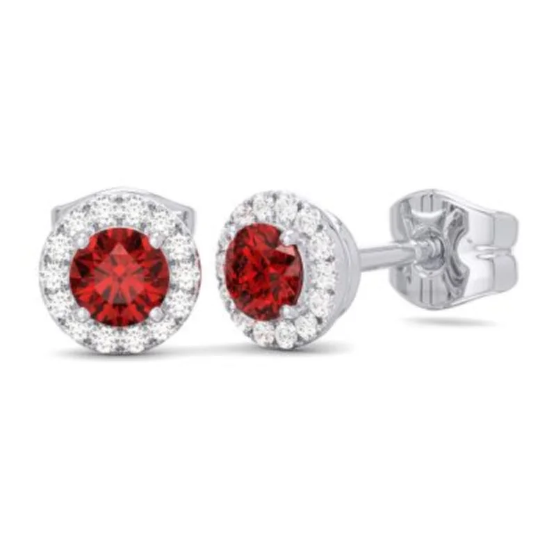 Sparkling Silver Earrings-14K W Gold 0.10cttw Diamond 0.30cttw Ruby Round Halo Earrings